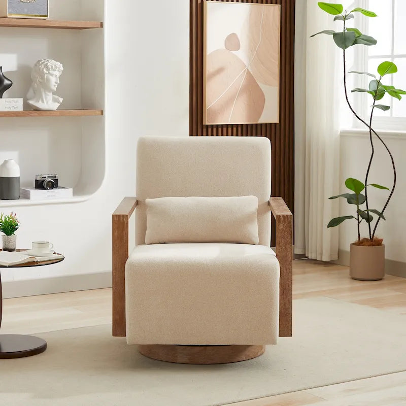 Fauteuil d'appoint pivotant à 360 degrés avec accoudoirs et piètement en bois massif