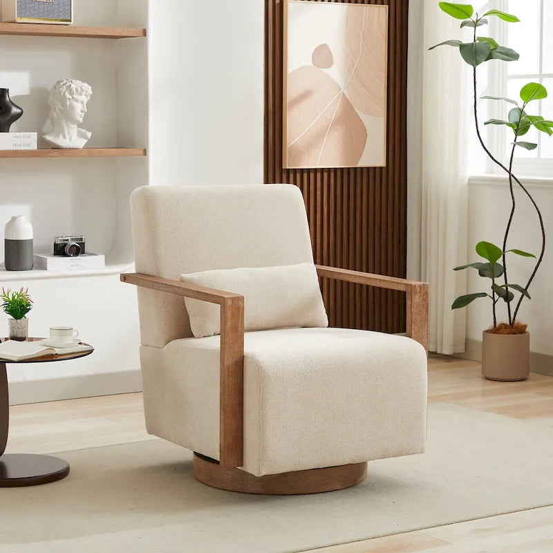 Fauteuil d'appoint pivotant à 360 degrés avec accoudoirs et piètement en bois massif