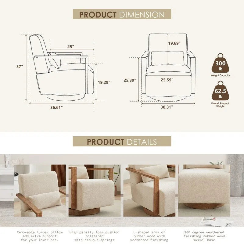 Fauteuil d'appoint pivotant à 360 degrés avec accoudoirs et piètement en bois massif