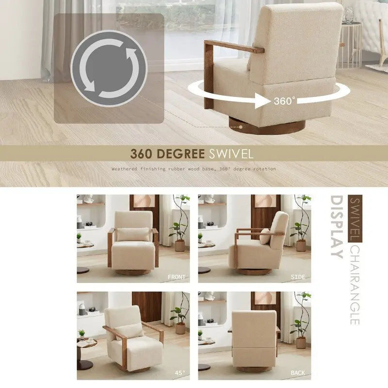 Fauteuil d'appoint pivotant à 360 degrés avec accoudoirs et piètement en bois massif