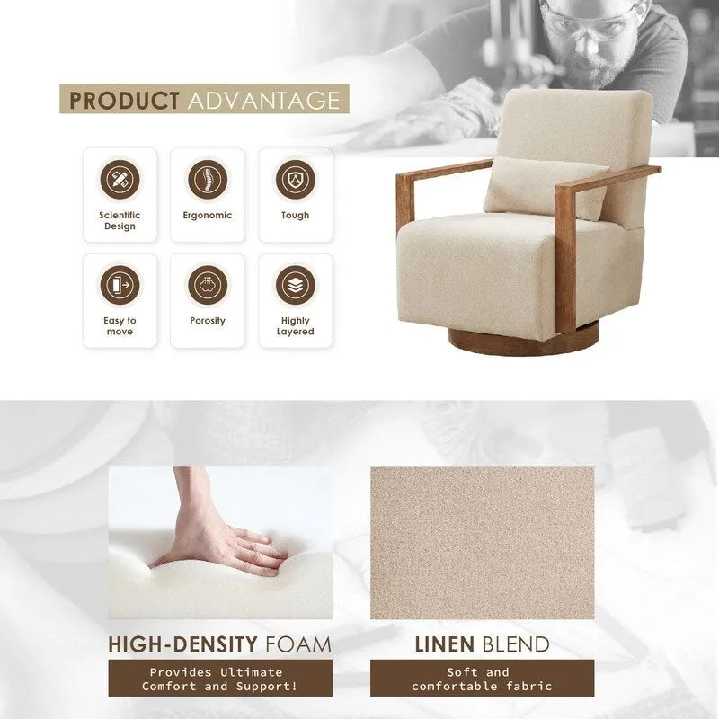 Fauteuil d'appoint pivotant à 360 degrés avec accoudoirs et piètement en bois massif