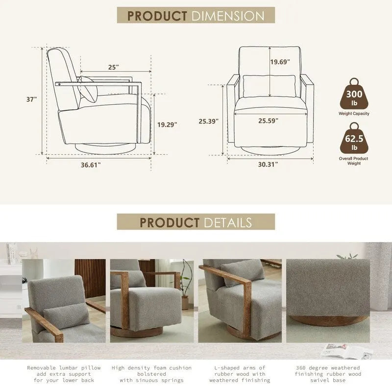 Fauteuil d'appoint pivotant à 360 degrés avec accoudoirs et piètement en bois massif