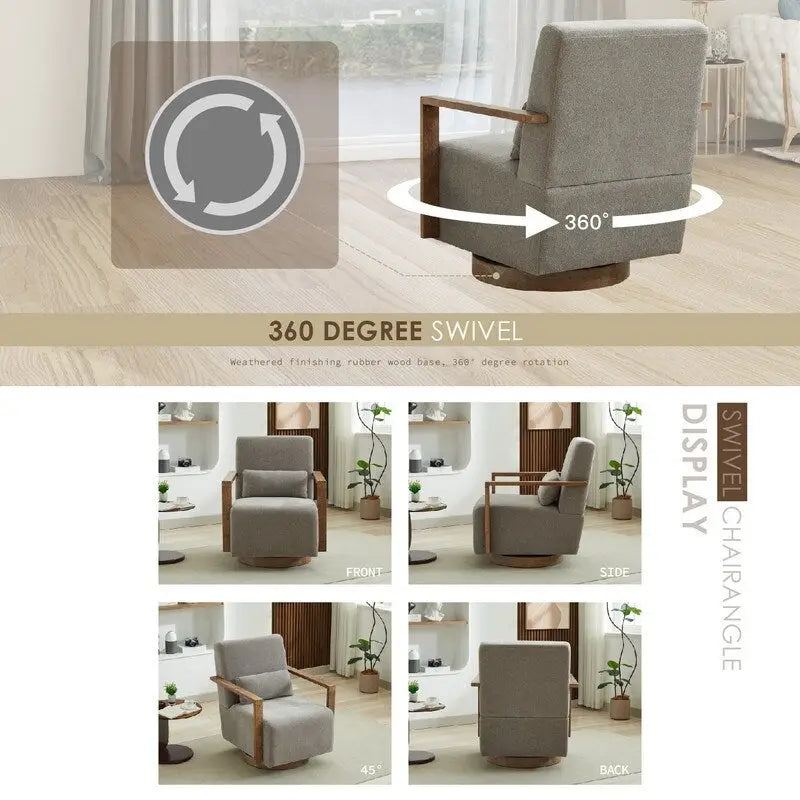 Fauteuil d'appoint pivotant à 360 degrés avec accoudoirs et piètement en bois massif