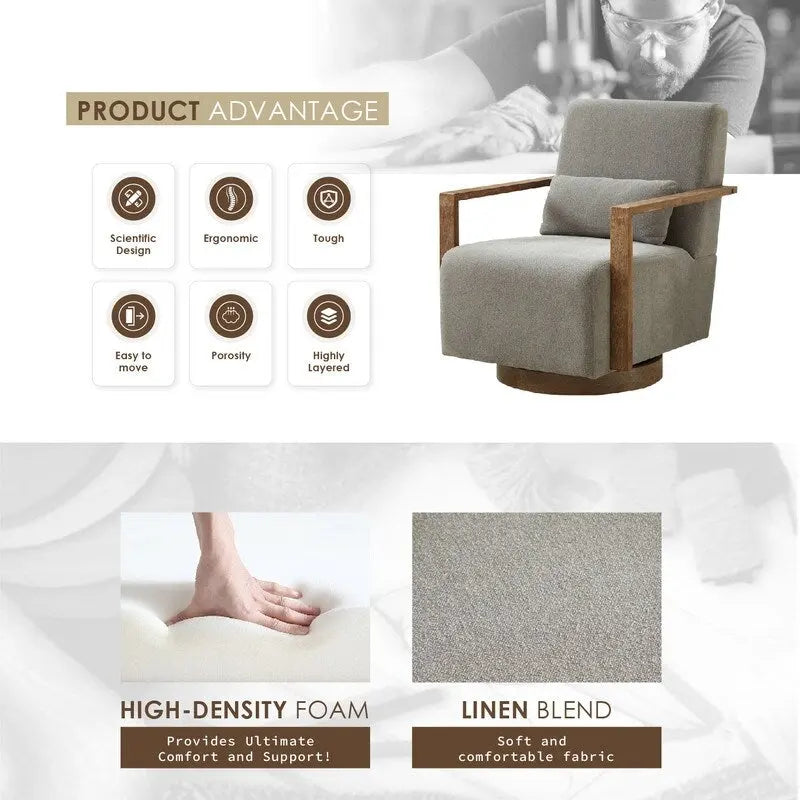 Fauteuil d'appoint pivotant à 360 degrés avec accoudoirs et piètement en bois massif