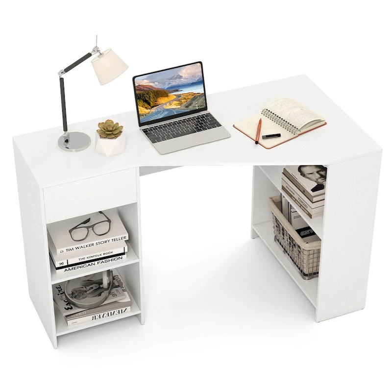 Bureau d'ordinateur en L avec tiroir et étagères de rangement pour la maison