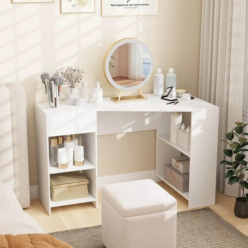 Bureau d'ordinateur en L avec tiroir et étagères de rangement pour la maison