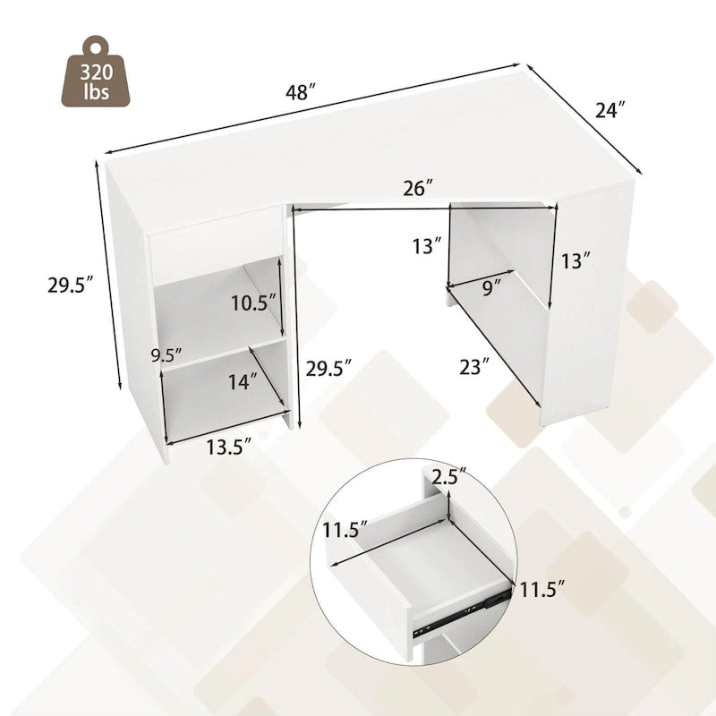 Bureau d'ordinateur en L avec tiroir et étagères de rangement pour la maison