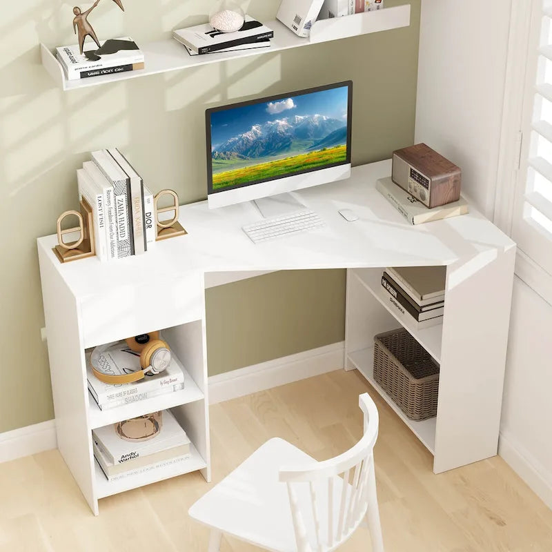 Bureau d'ordinateur en L avec tiroir et étagères de rangement pour la maison