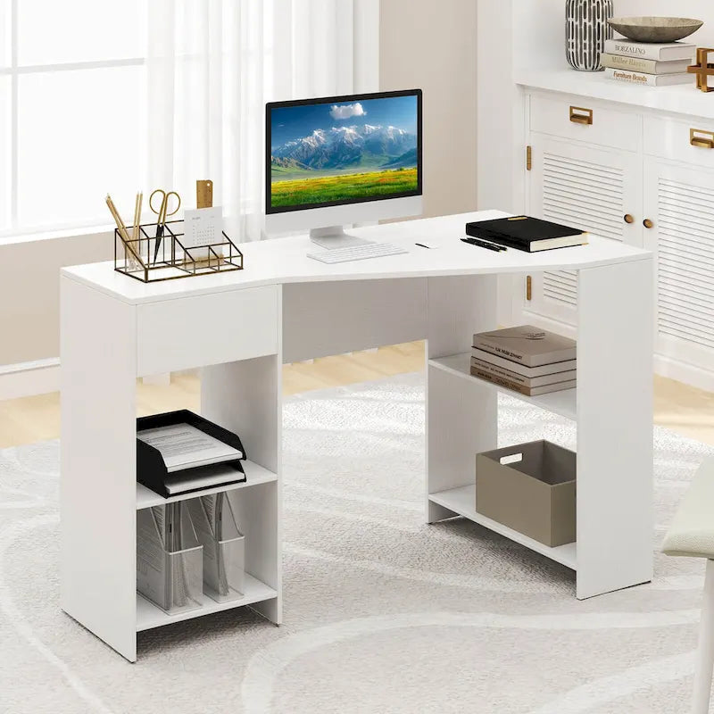 Bureau d'ordinateur en L avec tiroir et étagères de rangement pour la maison