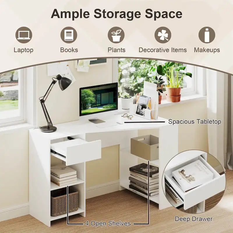 Bureau d'ordinateur en L avec tiroir et étagères de rangement pour la maison