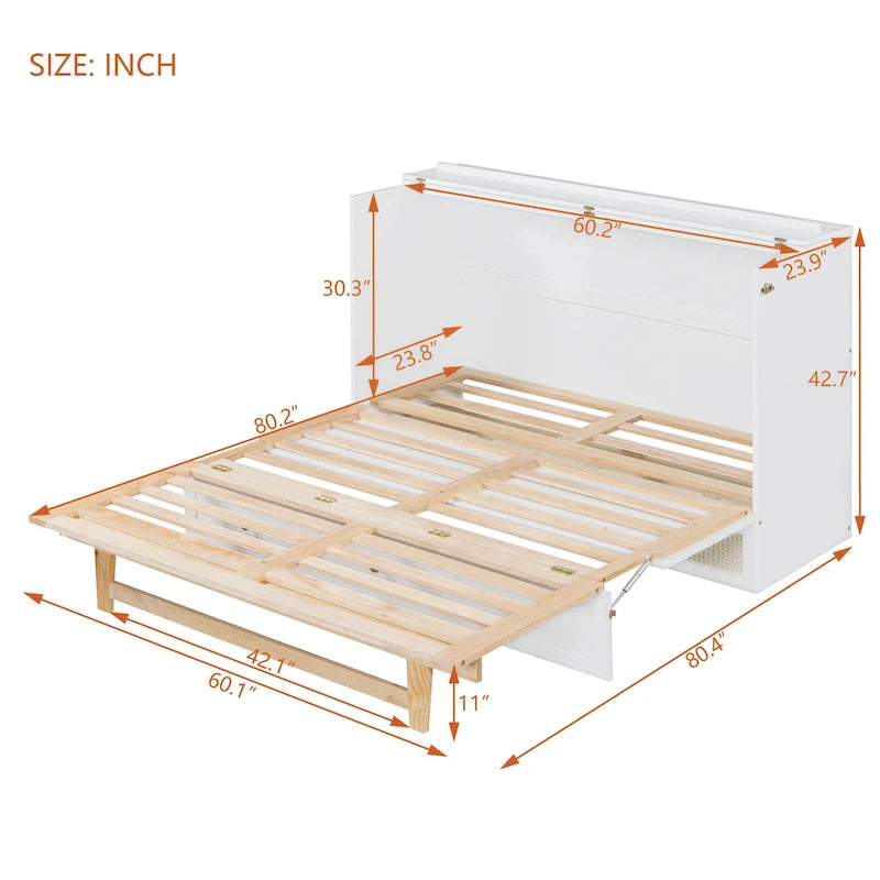 Lit escamotable Queen Size blanc avec rangements et grands tiroirs