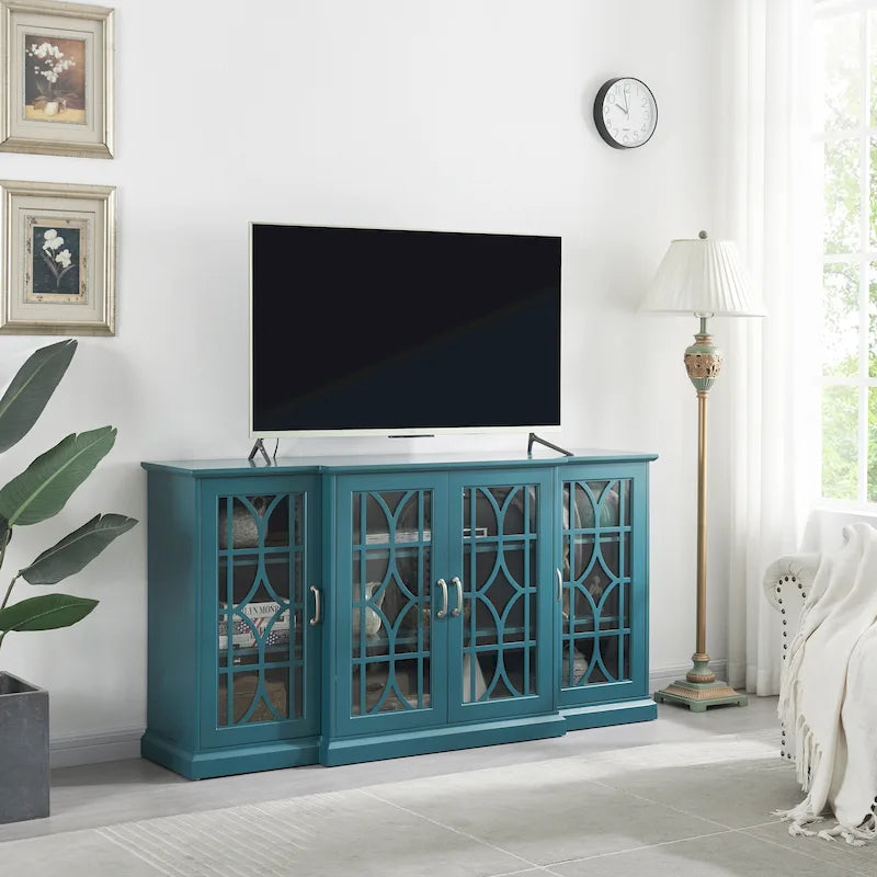 Meuble TV moderne bleu sarcelle 62 po avec grand plateau et 6 tablettes