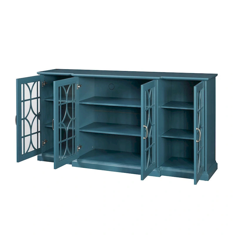 Meuble TV moderne bleu sarcelle 62 po avec grand plateau et 6 tablettes