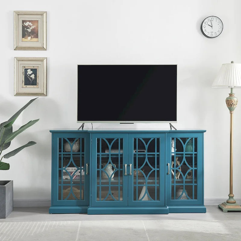 Meuble TV moderne bleu sarcelle 62 po avec grand plateau et 6 tablettes