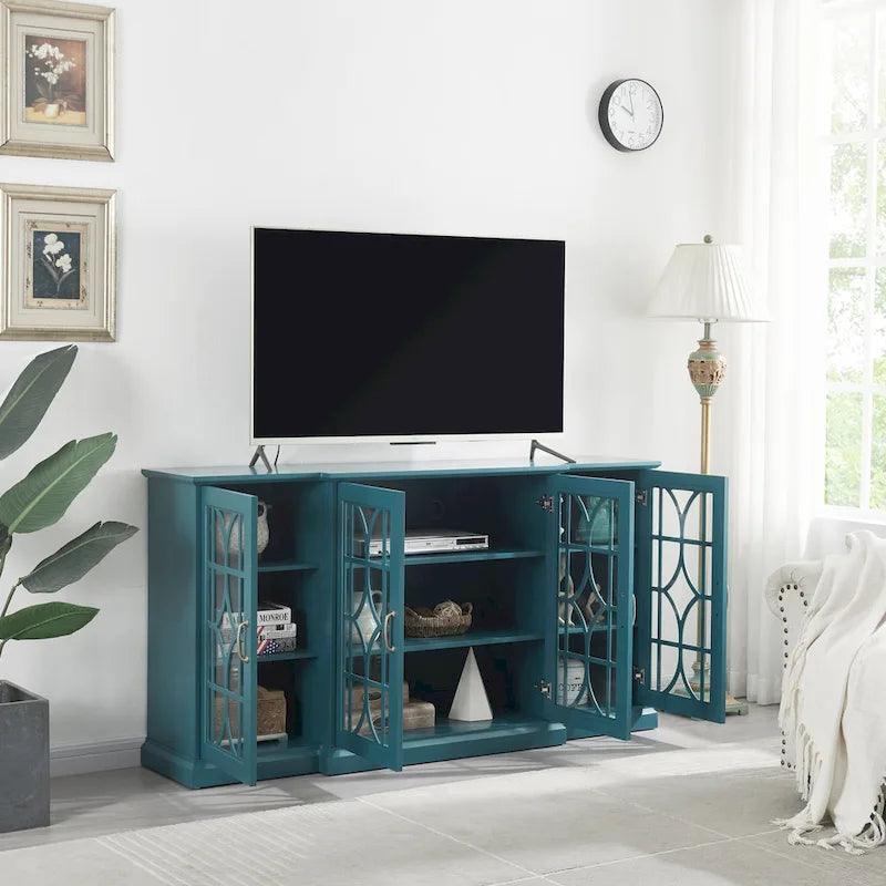 Meuble TV moderne bleu sarcelle 62 po avec grand plateau et 6 tablettes