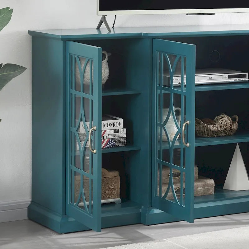 Meuble TV moderne bleu sarcelle 62 po avec grand plateau et 6 tablettes