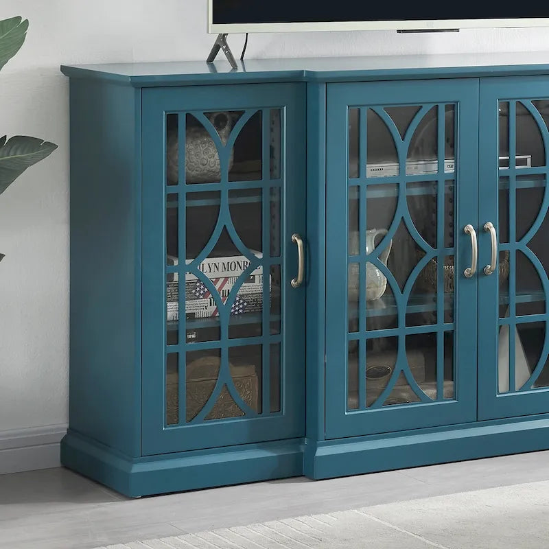 Meuble TV moderne bleu sarcelle 62 po avec grand plateau et 6 tablettes