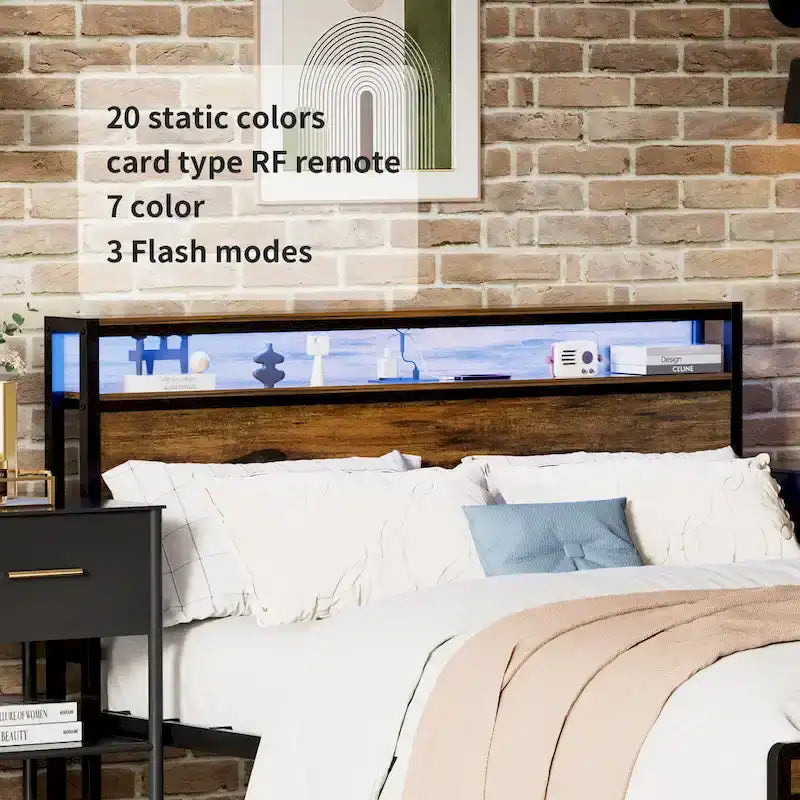 Lit plateforme Queen Size avec tête de lit de rangement, éclairage LED et port de charge