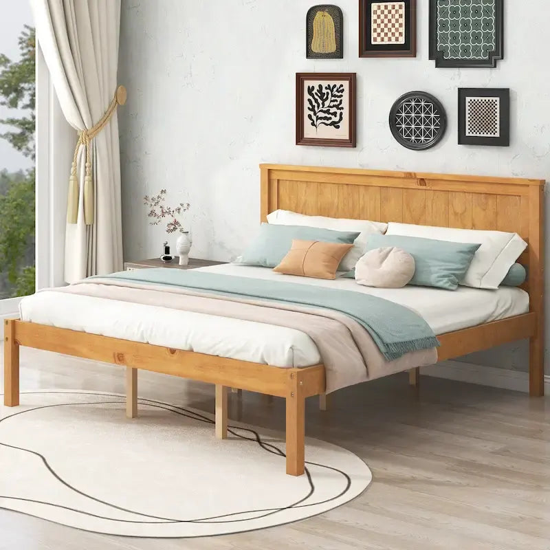 Lit plateforme en pin de taille Queen Espresso avec tête de lit et support à lattes en bois