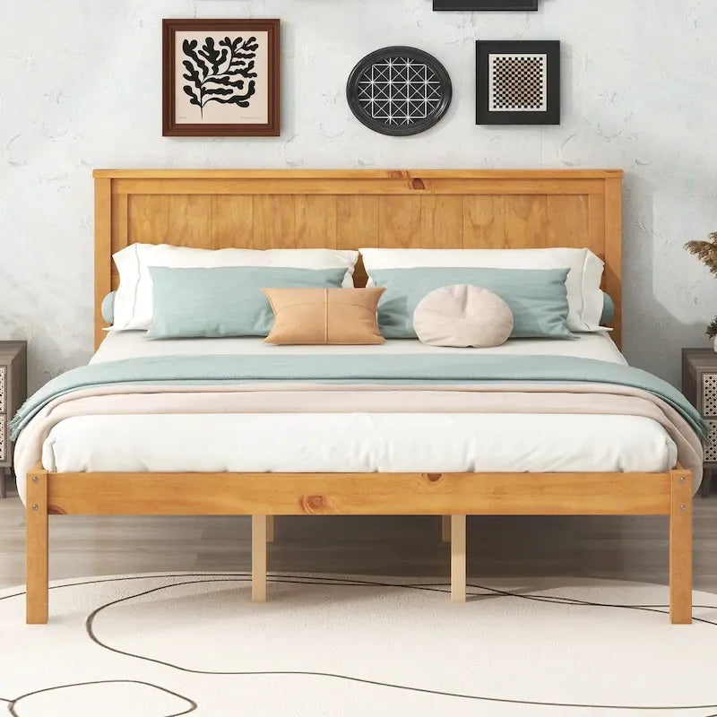 Lit plateforme en pin de taille Queen Espresso avec tête de lit et support à lattes en bois