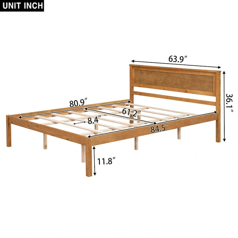 Lit plateforme en pin de taille Queen Espresso avec tête de lit et support à lattes en bois
