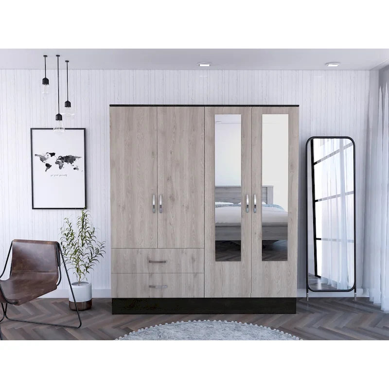 Armoire avec 9 étagères, 2 placards, miroirs, 2 tiroirs et tringle