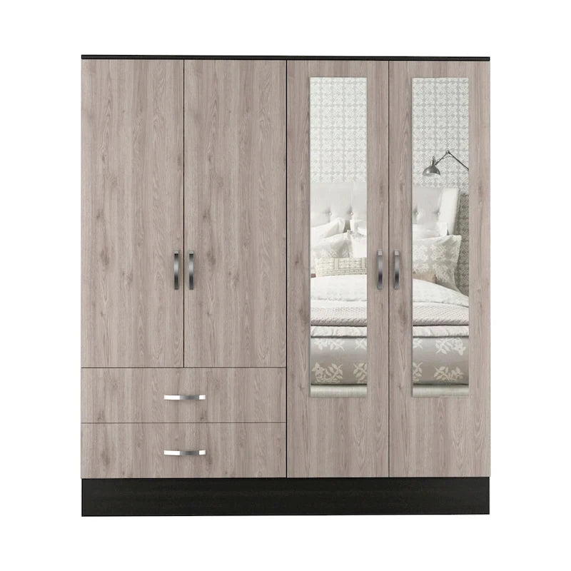 Armoire avec 9 étagères, 2 placards, miroirs, 2 tiroirs et tringle