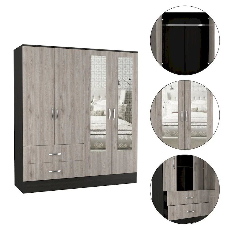 Armoire avec 9 étagères, 2 placards, miroirs, 2 tiroirs et tringle