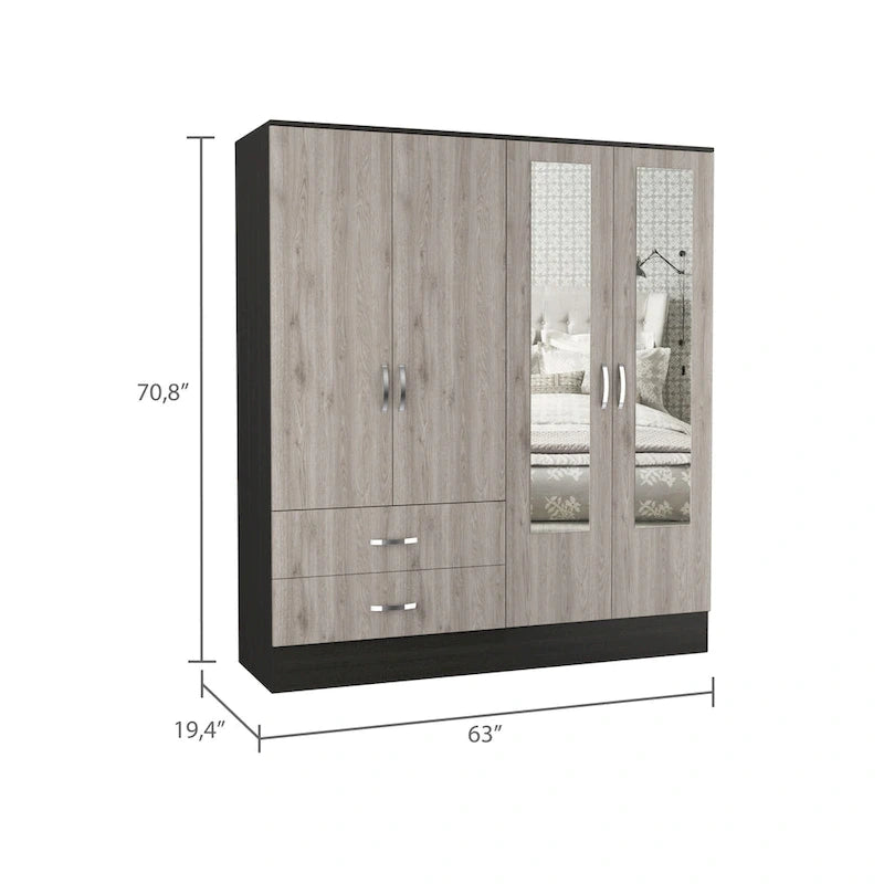 Armoire avec 9 étagères, 2 placards, miroirs, 2 tiroirs et tringle