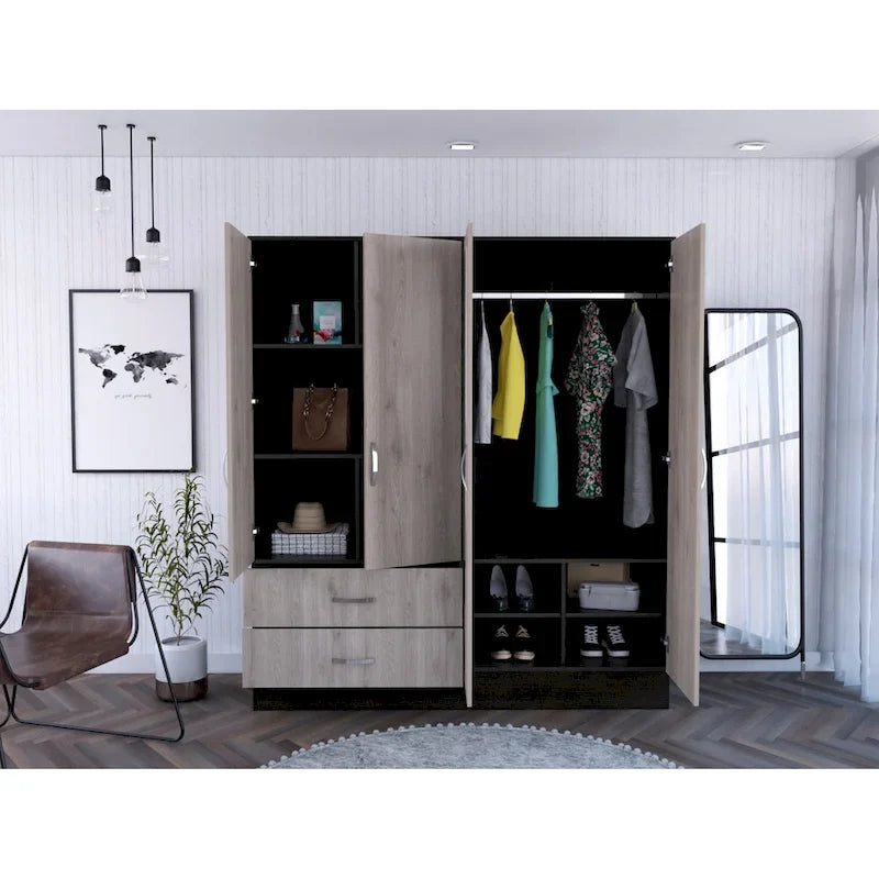 Armoire avec 9 étagères, 2 placards, miroirs, 2 tiroirs et tringle