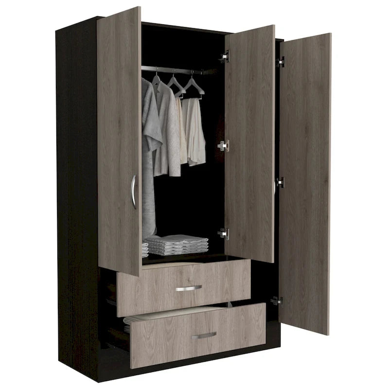 Armoire avec 9 étagères, 2 placards, miroirs, 2 tiroirs et tringle