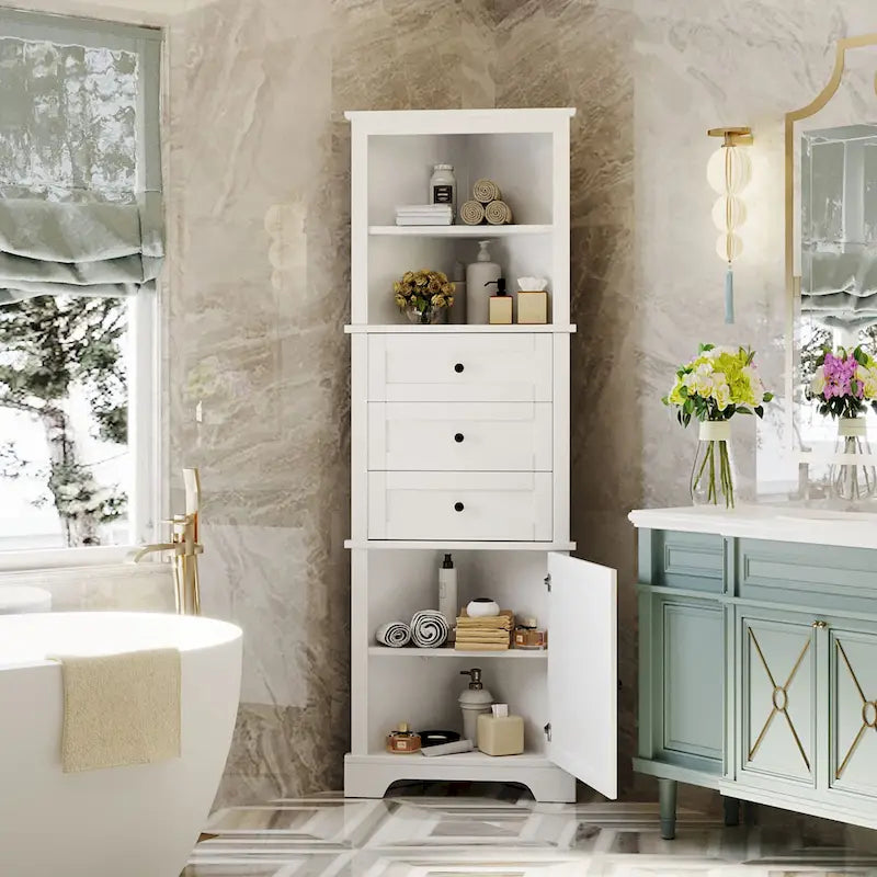 Meuble haut d'angle avec 3 tiroirs et étagères réglables pour salle de bain,