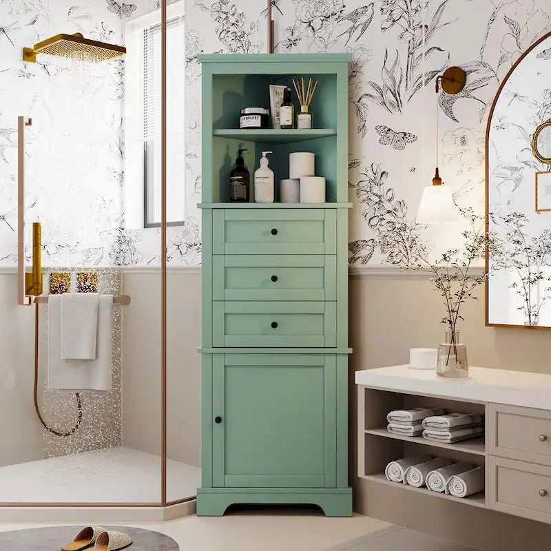 Meuble haut d'angle avec 3 tiroirs et étagères réglables pour salle de bain,