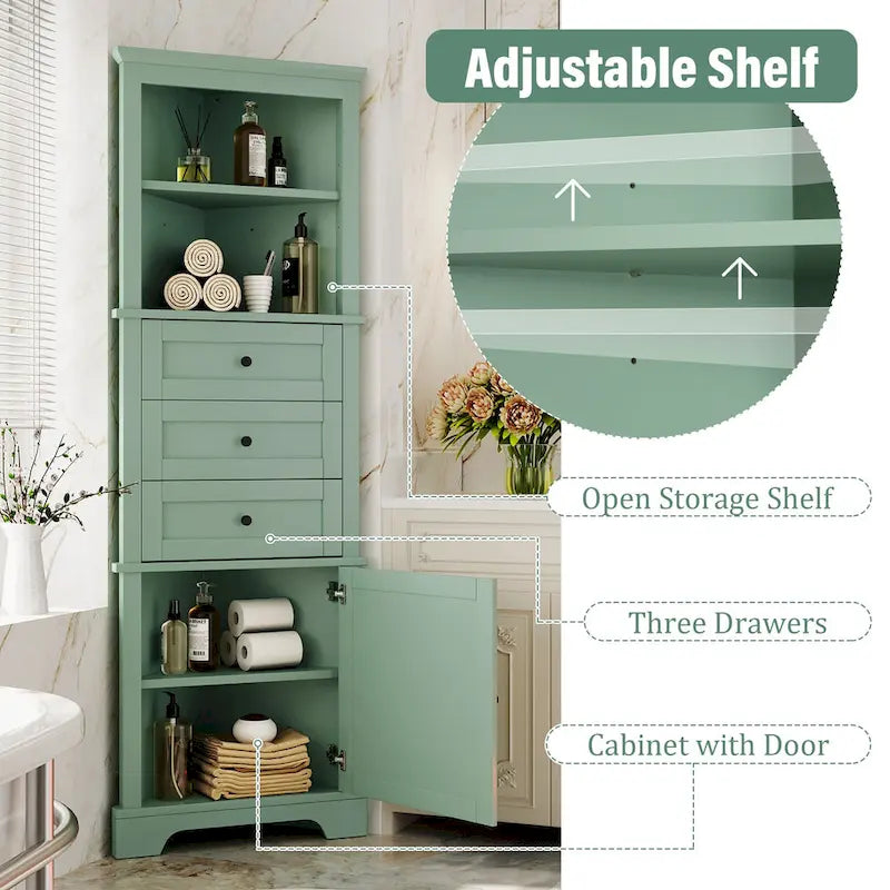 Meuble haut d'angle avec 3 tiroirs et étagères réglables pour salle de bain,