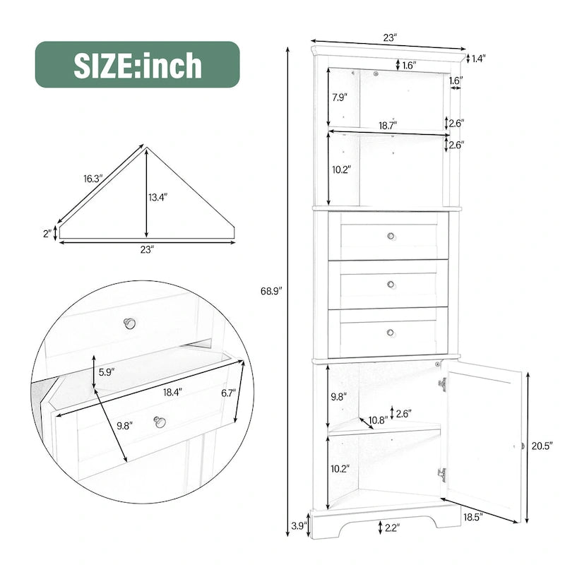Meuble haut d'angle avec 3 tiroirs et étagères réglables pour salle de bain,