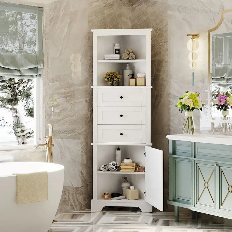 Meuble haut d'angle avec 3 tiroirs et étagères réglables pour salle de bain,