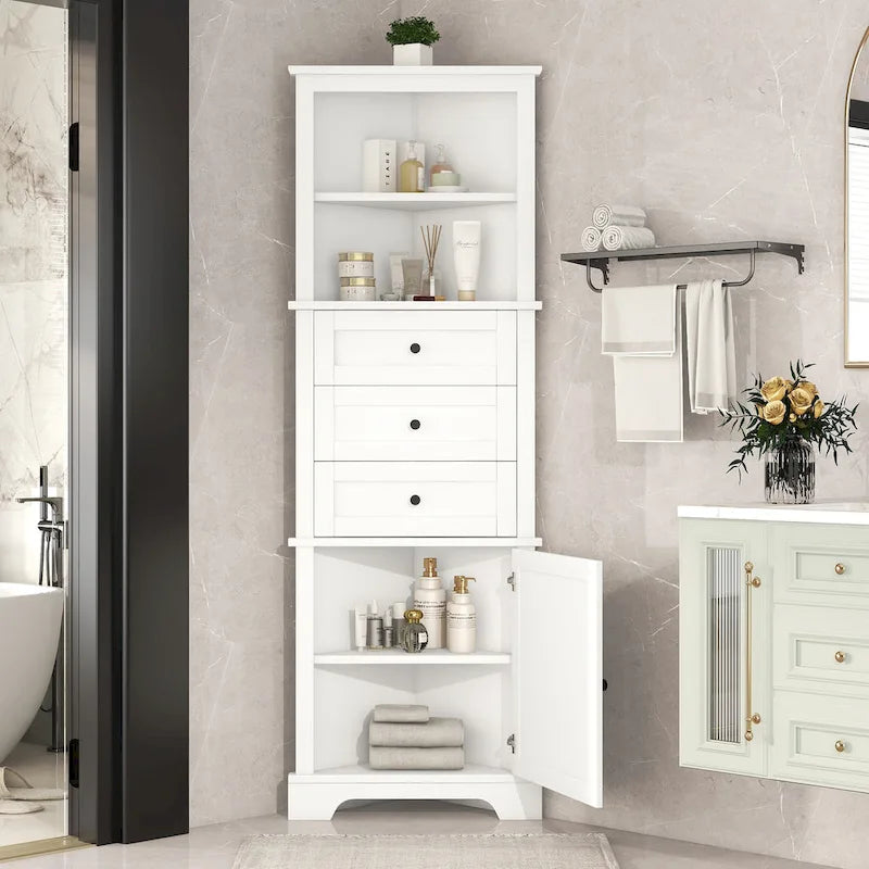 Meuble haut d'angle avec 3 tiroirs et étagères réglables pour salle de bain,