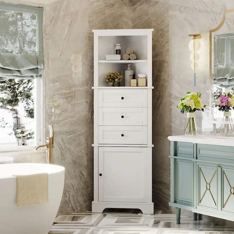Meuble haut d'angle avec 3 tiroirs et étagères réglables pour salle de bain,