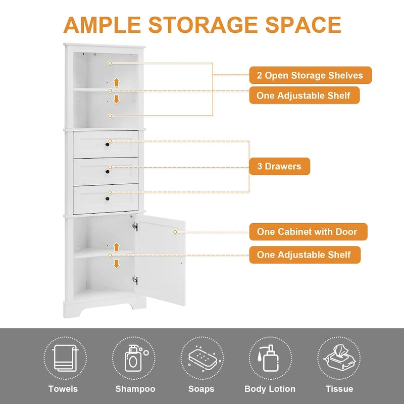 Meuble haut d'angle avec 3 tiroirs et étagères réglables pour salle de bain,