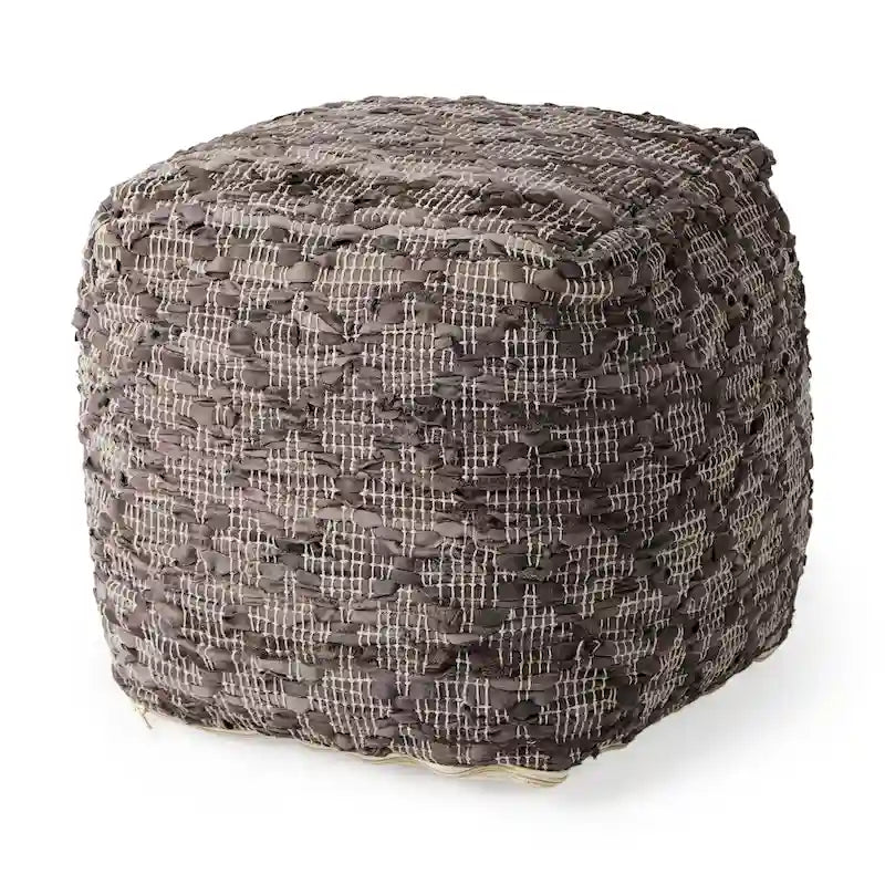 Pouf carré en cuir et coton à motif gris