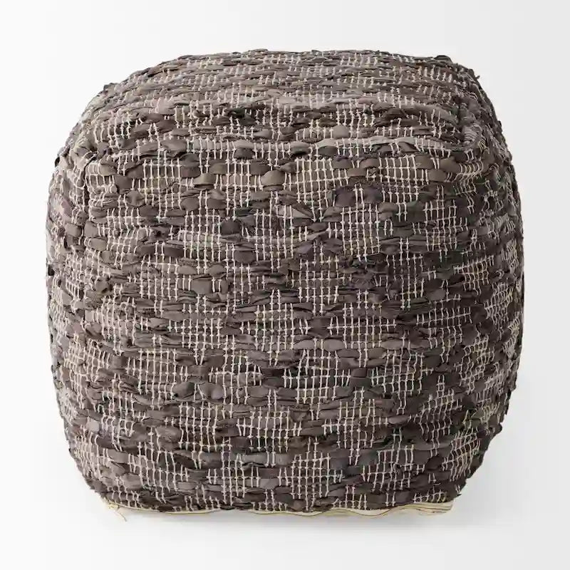 Pouf carré en cuir et coton à motif gris