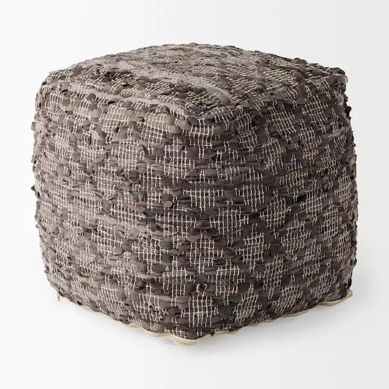 Pouf carré en cuir et coton à motif gris