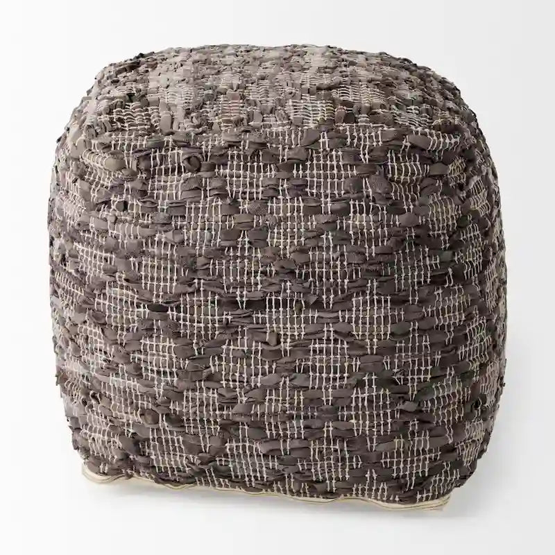 Pouf carré en cuir et coton à motif gris