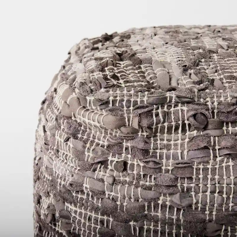Pouf carré en cuir et coton à motif gris