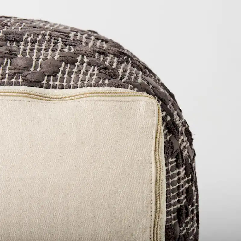 Pouf carré en cuir et coton à motif gris