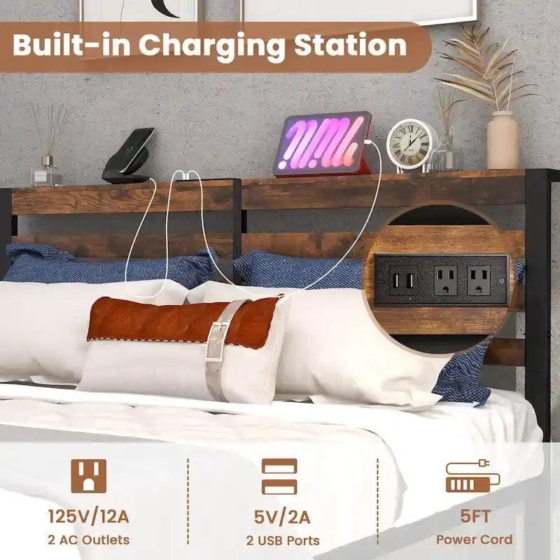 Cadre de lit plateforme Full Industrial Metal avec station de recharge