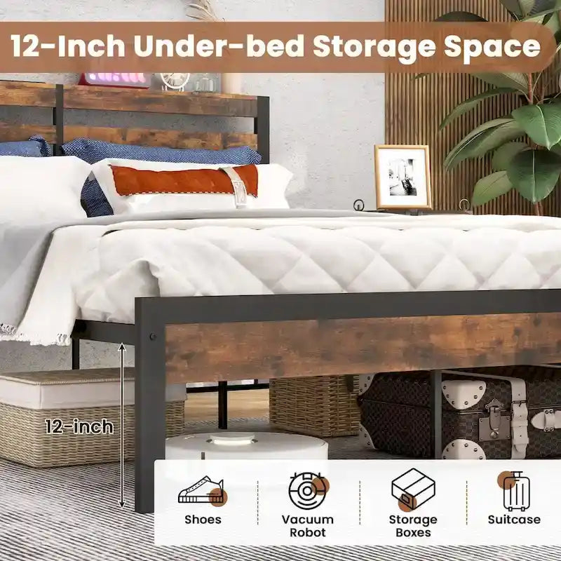 Cadre de lit plateforme Full Industrial Metal avec station de recharge