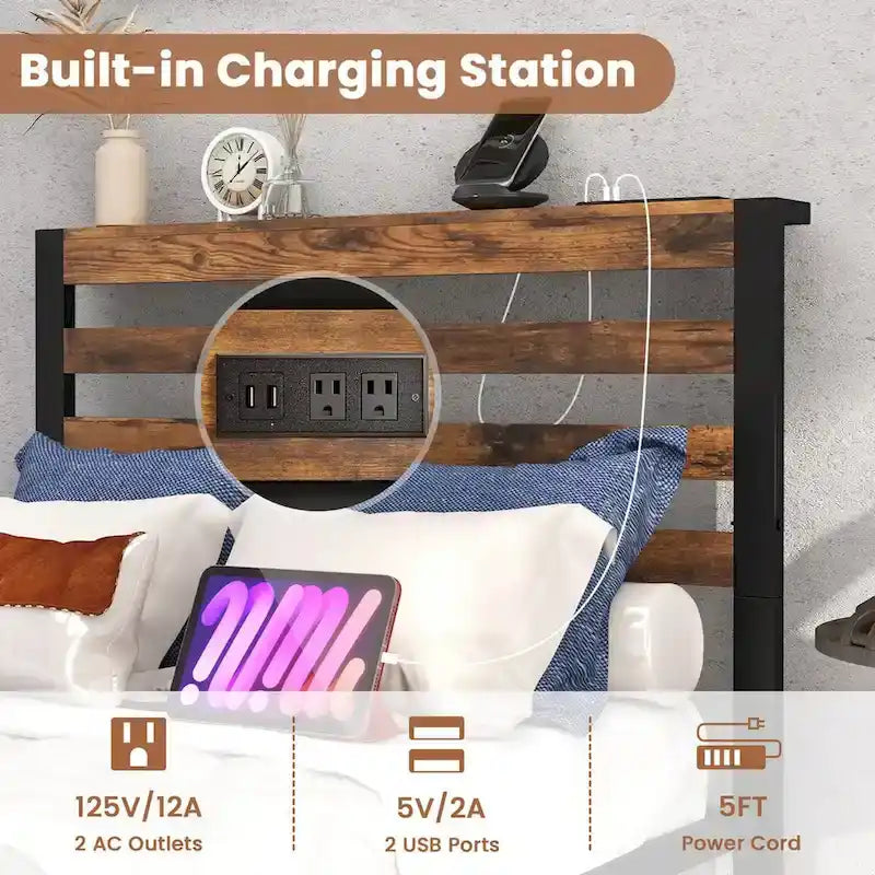 Cadre de lit plateforme Full Industrial Metal avec station de recharge