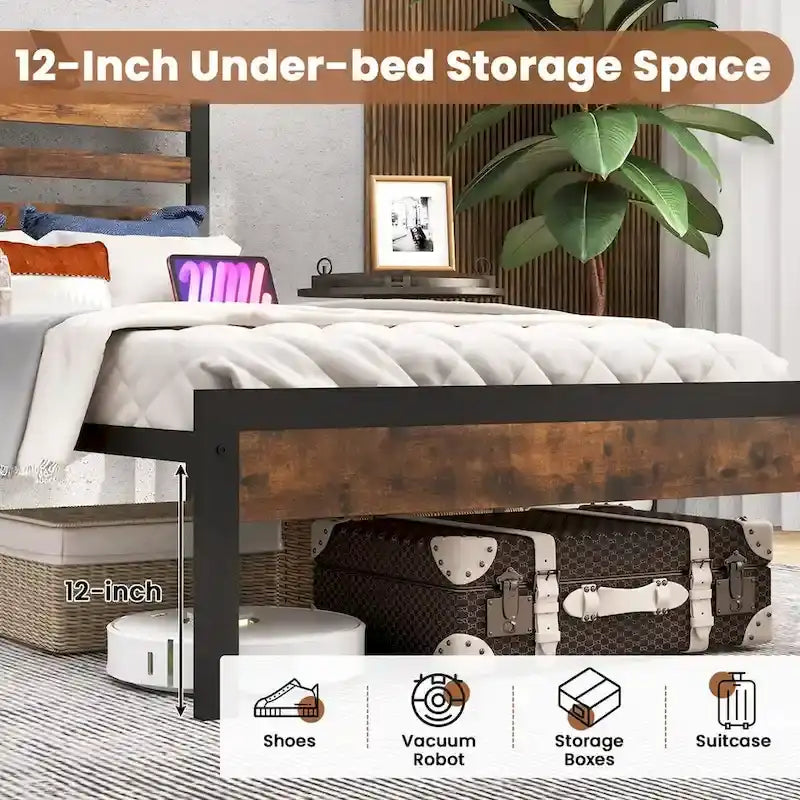 Cadre de lit plateforme Full Industrial Metal avec station de recharge