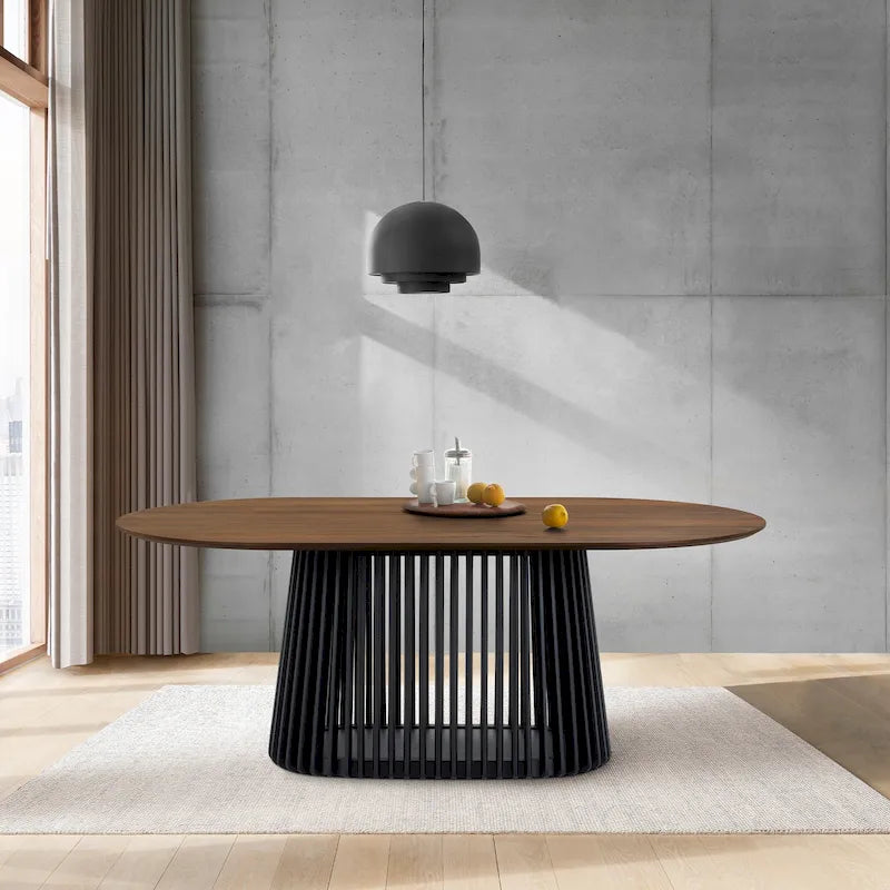 Table à manger ovale en bois massif avec piètement à lattes